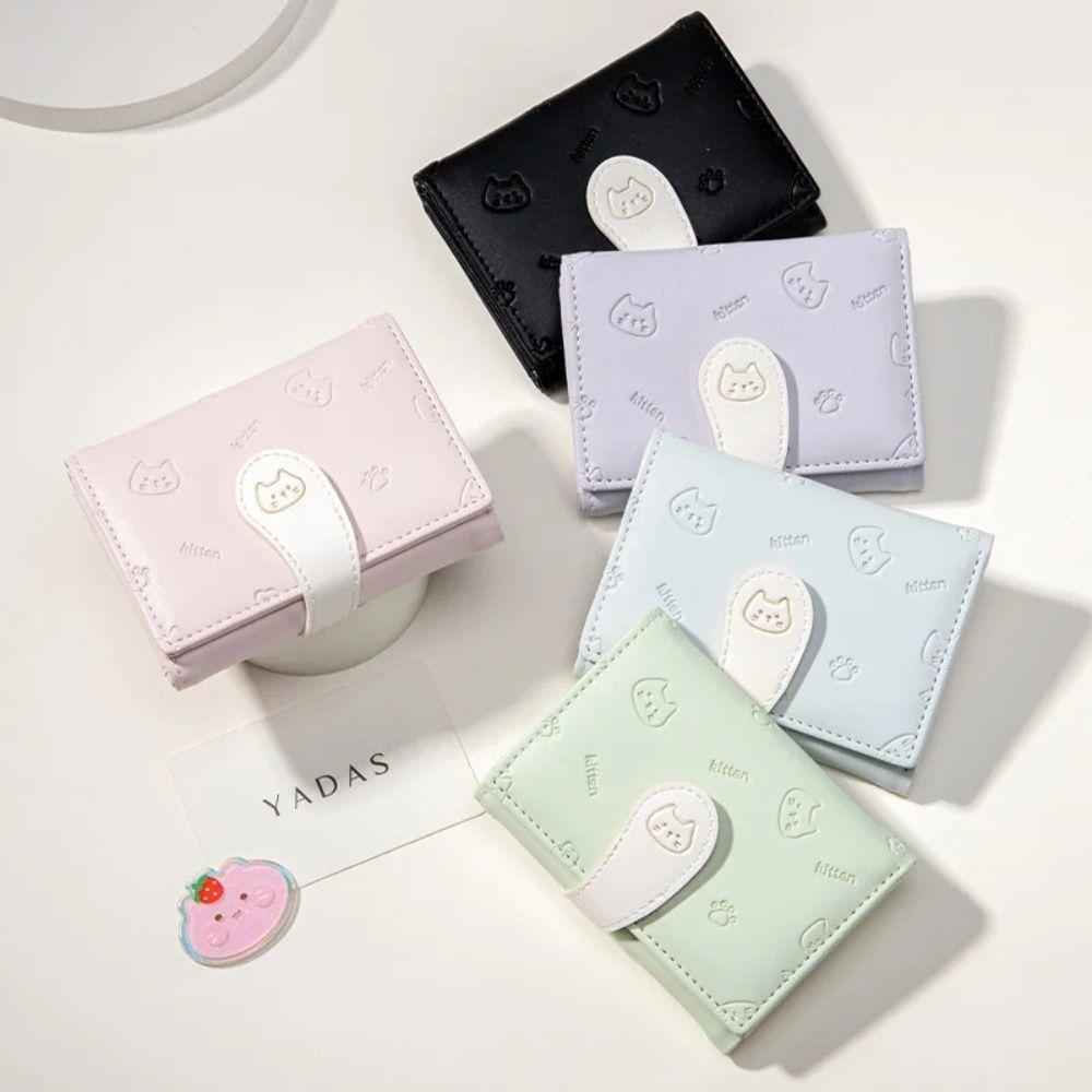 Кошелек для удостоверения личности для девочек с принтом котенка, женские сумки для денег из искусственной кожи, новый короткий милый маленький кошелек