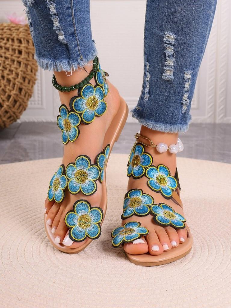 2024 Красочные вышитые искусственные цветы модные сандалии на плоской подошве летняя уличная пляжная обувь дорожная обувь для мам размер 42