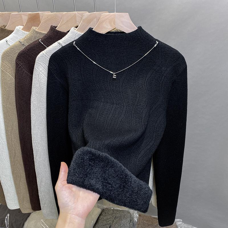 Цельный бархатный свитер, женский толстый бархатный пуловер, полувысокий ворот, вязаный свитер, внутренний топ, модный на осень и зиму