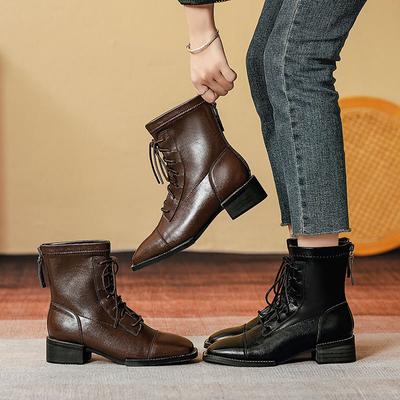Ботинки мартинсы женские стиль новые ботинки мягкая кожа тонкий квадратный носок шнуровка средняя голень короткие ботинки женские одинарные ботинки