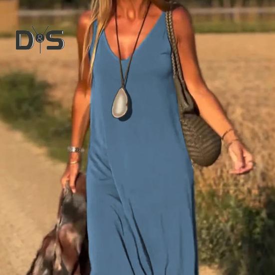 Женское летнее платье-комбинация без рукавов, повседневное платье макси с V-образным вырезом и разрезом, свободный пляжный сарафан, наряд для путешествий и отпуска