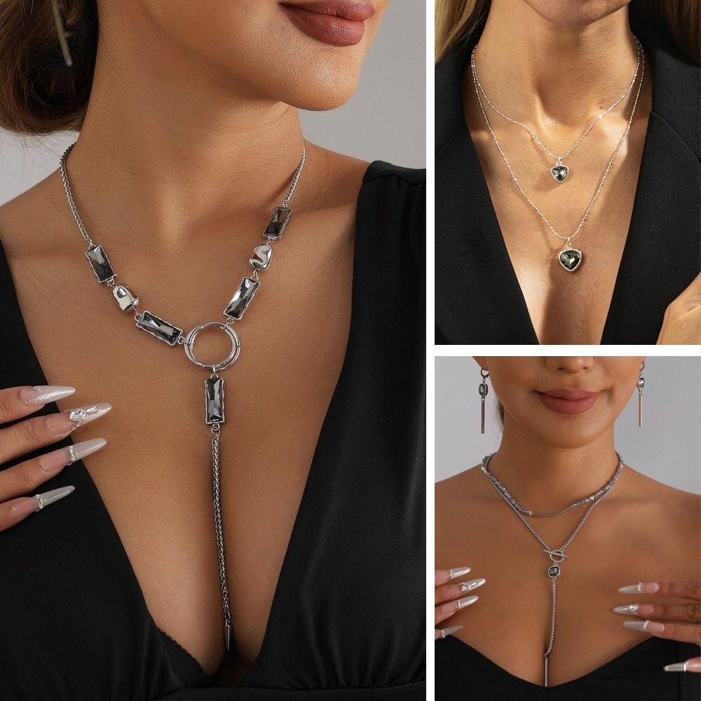 Y-shaped Square Necklace Geometric Punk Style Necklace Gifts Grey Glass Pendant  for Women