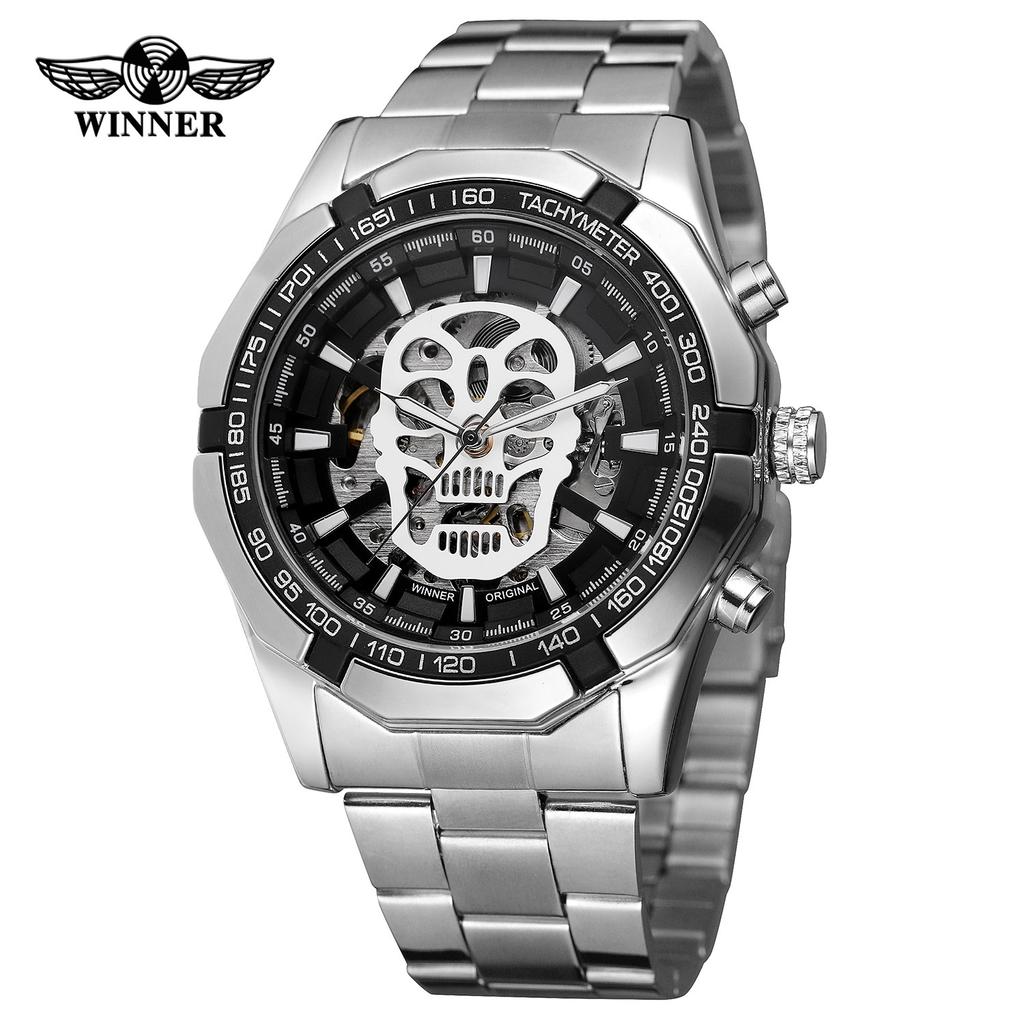 T-winner Men's Fashion Casual Glow-in-the-dark Skull Hollow Out Automatic Mechanical Watch