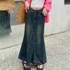 Women Skirt A-line Big Swing Denim Retro Pockets Patchwork Solid Color High Waist Button Zipper Closure Ankle Length Ripped Edge Lady Maxi Skirt