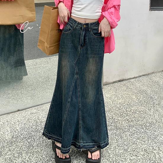 Women Skirt A-line Big Swing Denim Retro Pockets Patchwork Solid Color High Waist Button Zipper Closure Ankle Length Ripped Edge Lady Maxi Skirt