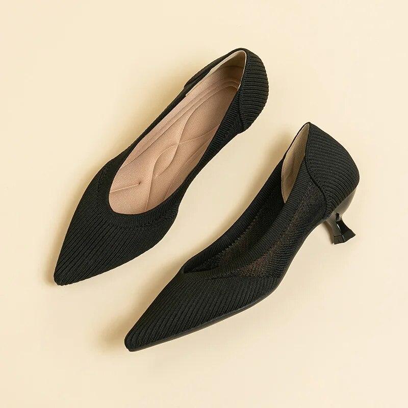Весенняя женская обувь 2024, однотонная обувь без шнуровки на низком каблуке с острым носком, трикотажная дышащая рабочая обувь с противоскользящей резиновой подошвой