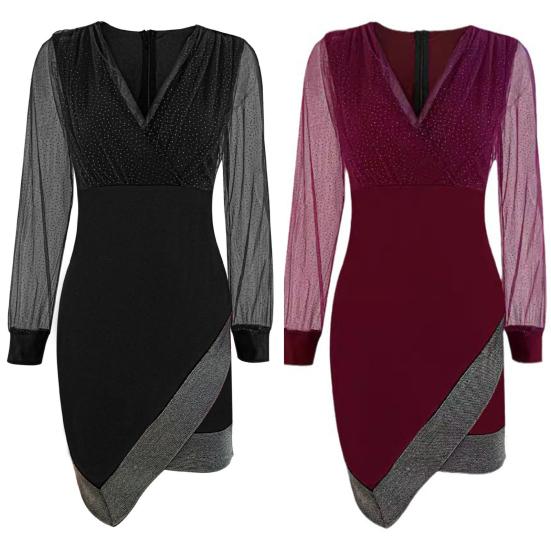 Женское платье весна-осень с V-образным вырезом, рукавами-фонариками, неровным подолом, прозрачной сеткой, пайетками, в стиле пэчворк, сверху