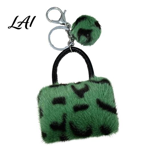 Retro Style Keychain Leopard Print Plush Handbag Keychain Mini Bag Key Ring Pendant Charm with Pompom Backpack Decorative Accessory for Women Girls