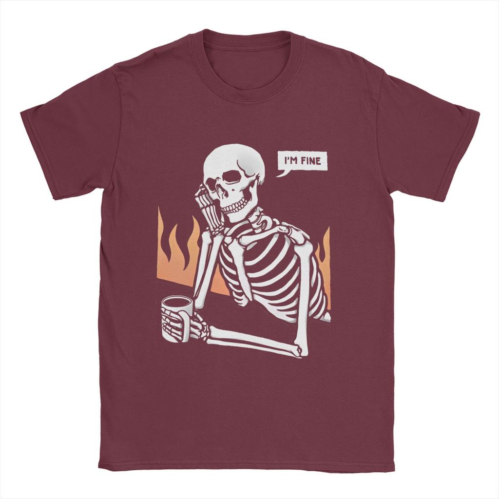 Novelty Skeleton Eternal Lovers  TShirt for Men O Neck Cotton T Shirt    I Am Fine  Short Sleeve Tees Party Tops