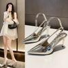 Silver wedding shoes pointed rhinestone back empty high heels spring and summer new bag head thin heel chain sexy versatile women's sandals