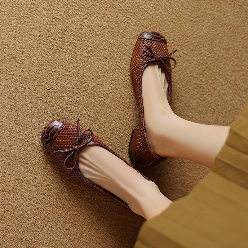 Krazing Pot Natural Leather Spring Summer Size 41 Thick Low Heels Women Square Toe Hollow Decoration Breathable Slip On Pumps
