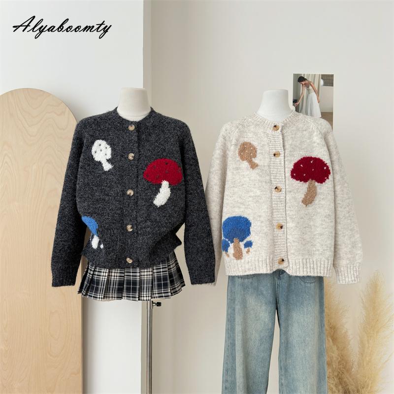 Autumn Winter Women Basic Sweater Cardigan Grey Beige Mushroom Cute Knitted Coat Knitting Elegant Warm Ladies' Outerwear