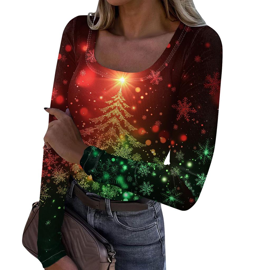 Женская мода Slim Bottom Casual с длинным рукавом и рождественским принтом пуловер с U-образным вырезом