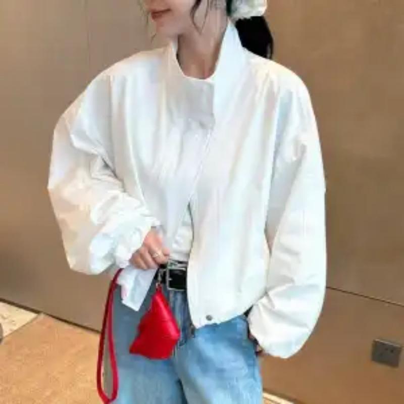 Осень и Зима Новый Стиль Стойка Воротник Карман на Молнии Модная Однотонная Кулиска Свободная Куртка