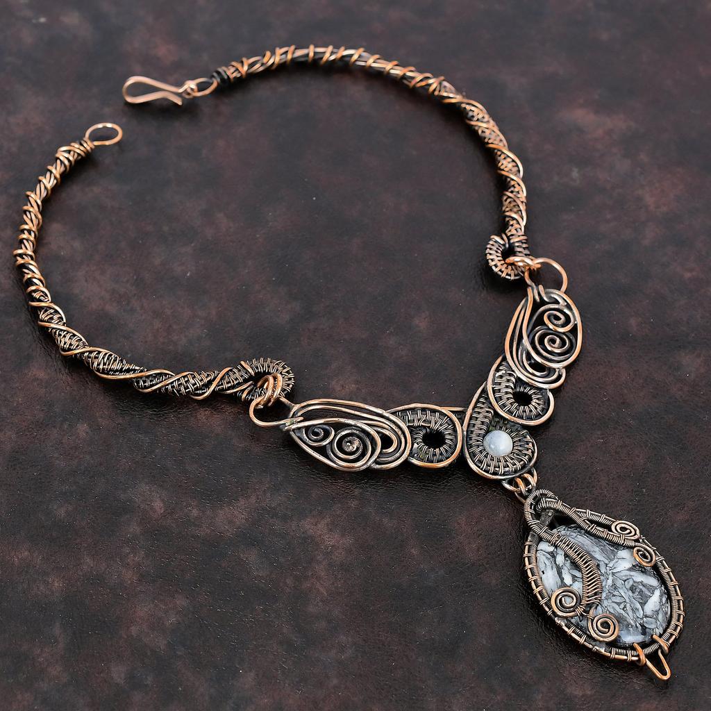 Ожерелье из пинолита из яшмы, ожерелье из медной проволоки, ожерелье из радужного лунного камня, ожерелье ручной работы из настоящего драгоценного камня, медные украшения, подарок для мамы