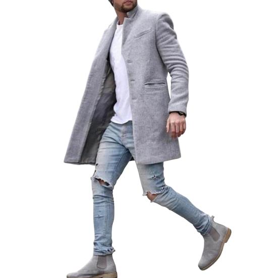 Men Woolen Coat Lapel Long Sleeve Mid-length Overcoat Solid Color Single Breasted Long Outwear with Side Pockets
