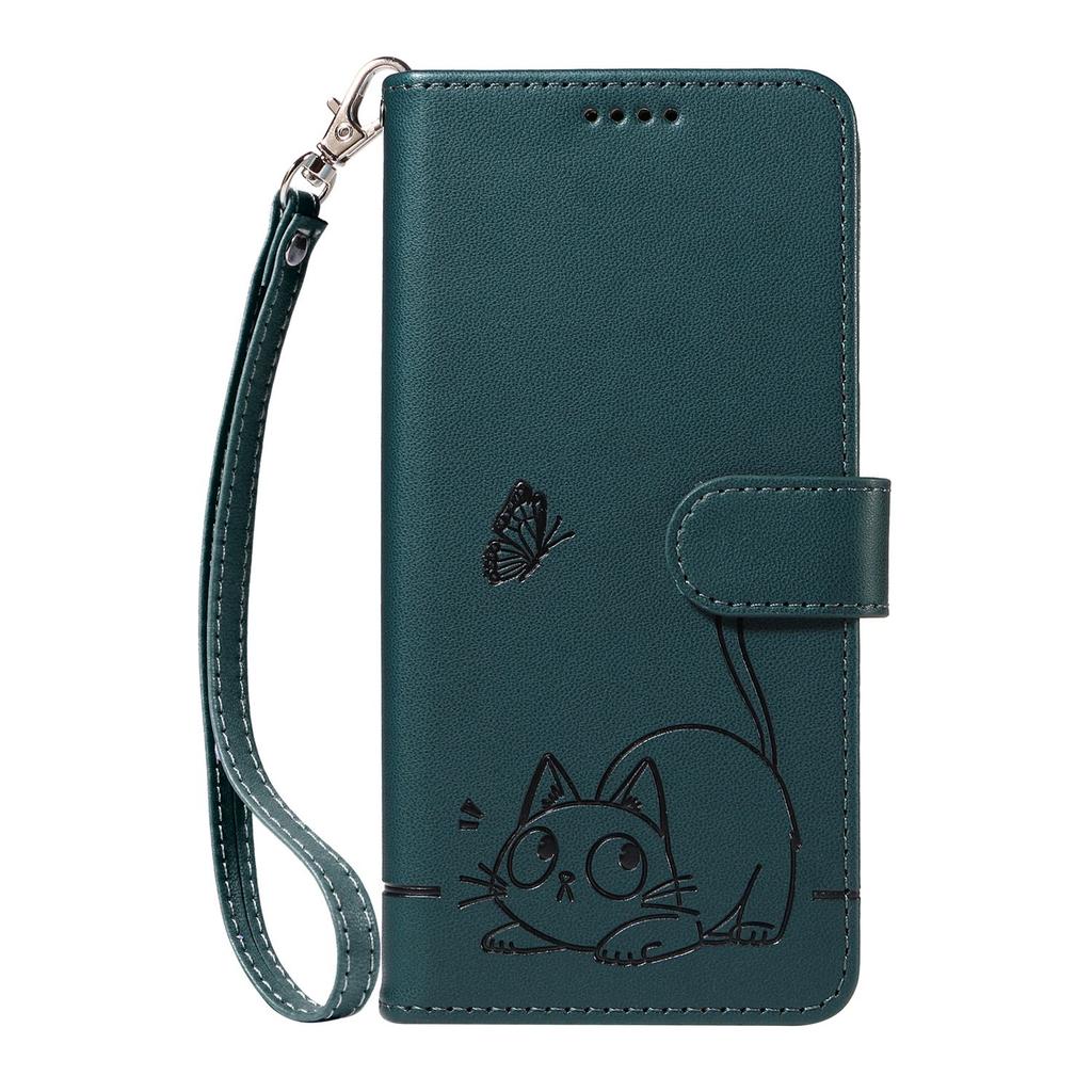 Leather Wallet Flip Case For OPPO Reno 15 Pro Max mini 15F 14 14F 13 13F 12 12F 11 11F 10 Cat and Butterfly Embossed,Wrist Strap