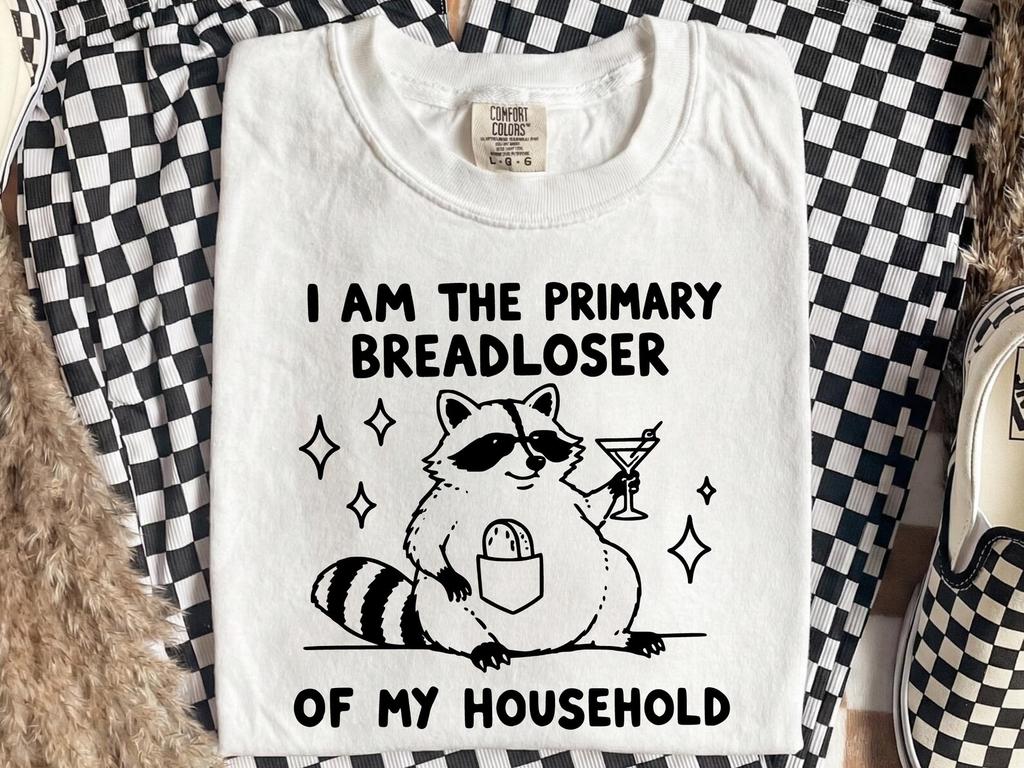 Primary Breadloser Shirt, Funny Raccoon Graphic Tee, Relatable Humor Gift for Her, Sarcastic Raccoon Lover Tee, Trendy Weird Girl Aesthetic