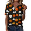Women V Neck Short Sleeve T Shirt with Decorative Buttons Halloween Pumpkin Printed Casual Loose Fit Top for Daily Wear