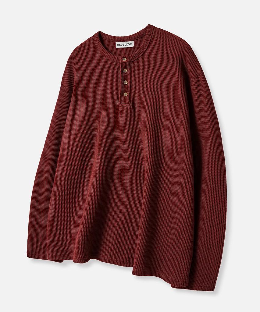 Dibellobeu Базовая футболка-henley с вафельной текстурой и длинным рукавом_Бордовый