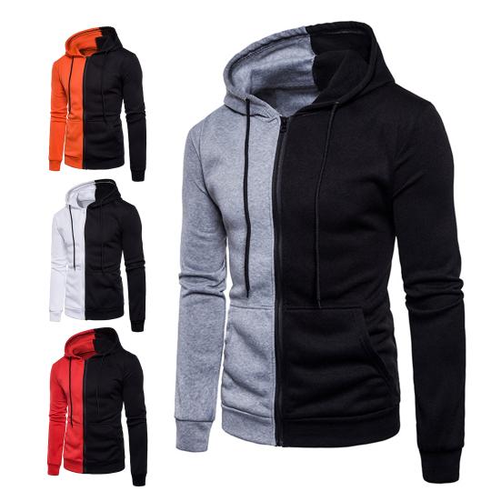 Hooded Zipper Closure Men Jacket Patchwork Long Sleeve Drawstring Side Pockets Sweatshirt Male Clothing