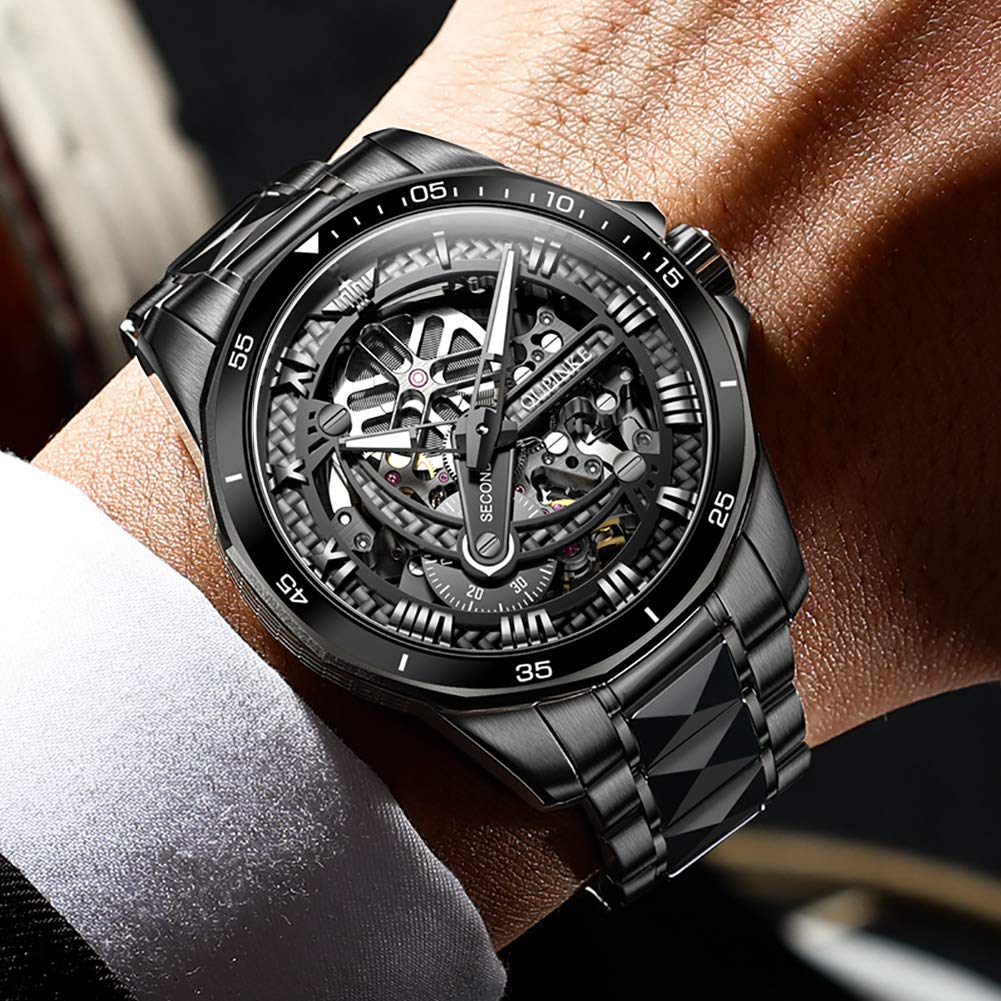 Skeleton Mechanical Automatic Luxury Watch Skeleton 50M Water Resistant Sapphire Glass Tungsten Band Luminous Black Watch for Men Men's Men's