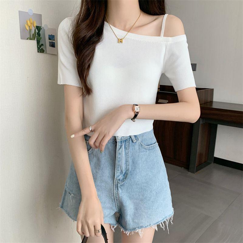 Футболка High End Chic and Beautiful с косым воротником и открытым плечом, короткий трикотажный топ, летняя футболка Ice Silk с короткими рукавами