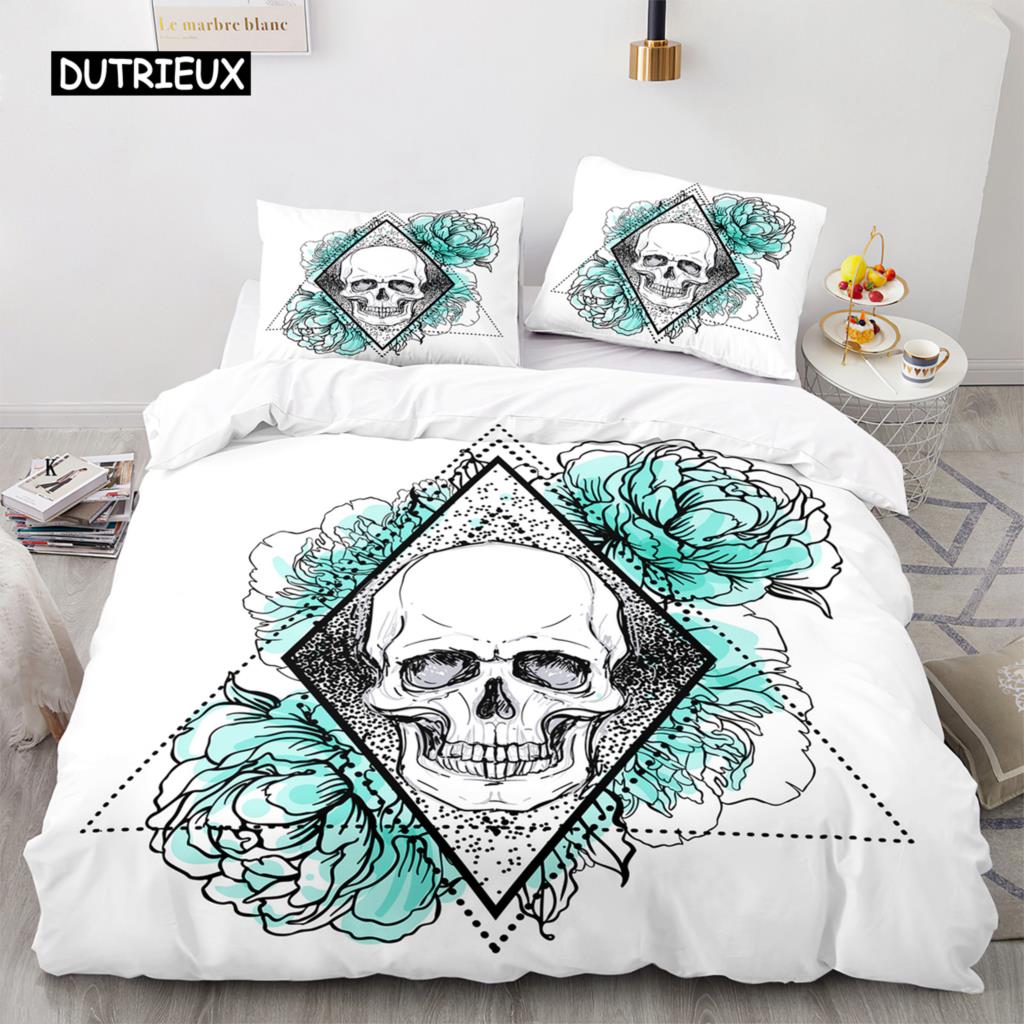 Пододеяльник с изображением сахарного черепа King Microfiber Rose Комплект постельного белья с цветочным рисунком Череп, черный, красный, оранжевый, скелет, двойной пододеяльник