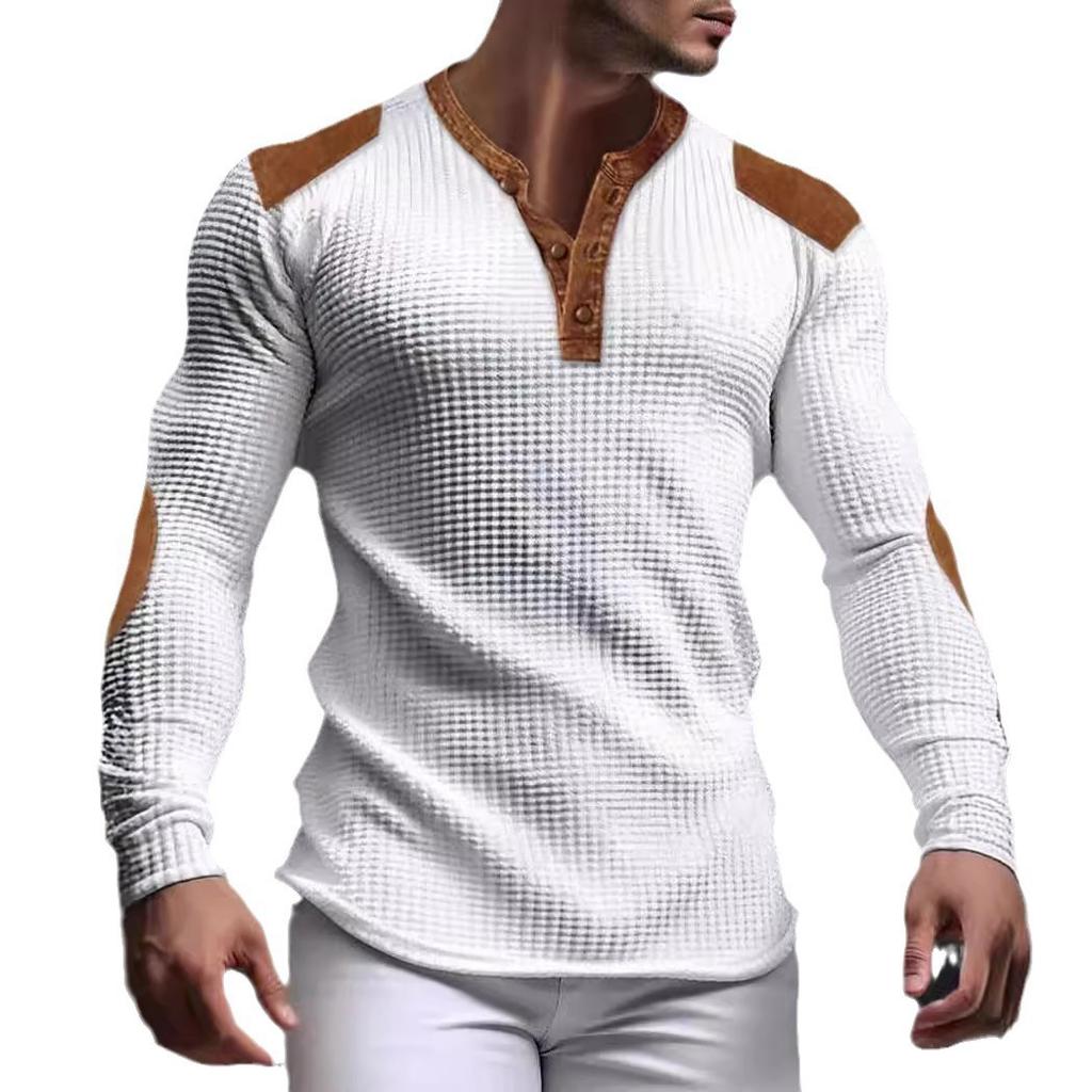 3D Breathable Men's Casual Sweatshirt Autumn V-Neck Top with Button Fashion Men's T-Shirt