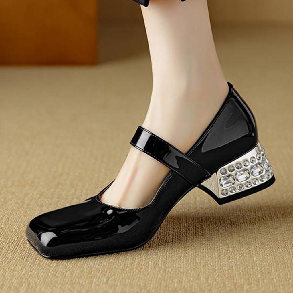 Krazing Pot Летние туфли из овчины размера 41 на среднем каблуке, Мэри Джейн с хрустальной пряжкой, квадратный носок, каблуки с бриллиантами, туфли-гладиаторы