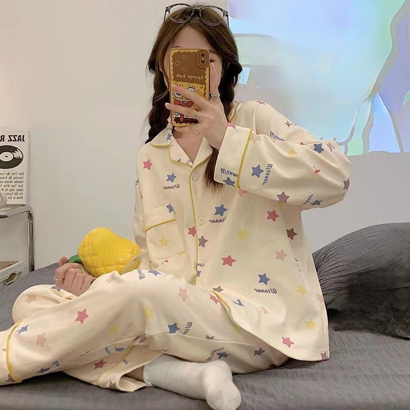 New Women's Pajamas Autumn Long Sleeve Loose Large Size Home Clothes Set Cute Cartoon Home Clothes Cardigan Spring Pajamas Set