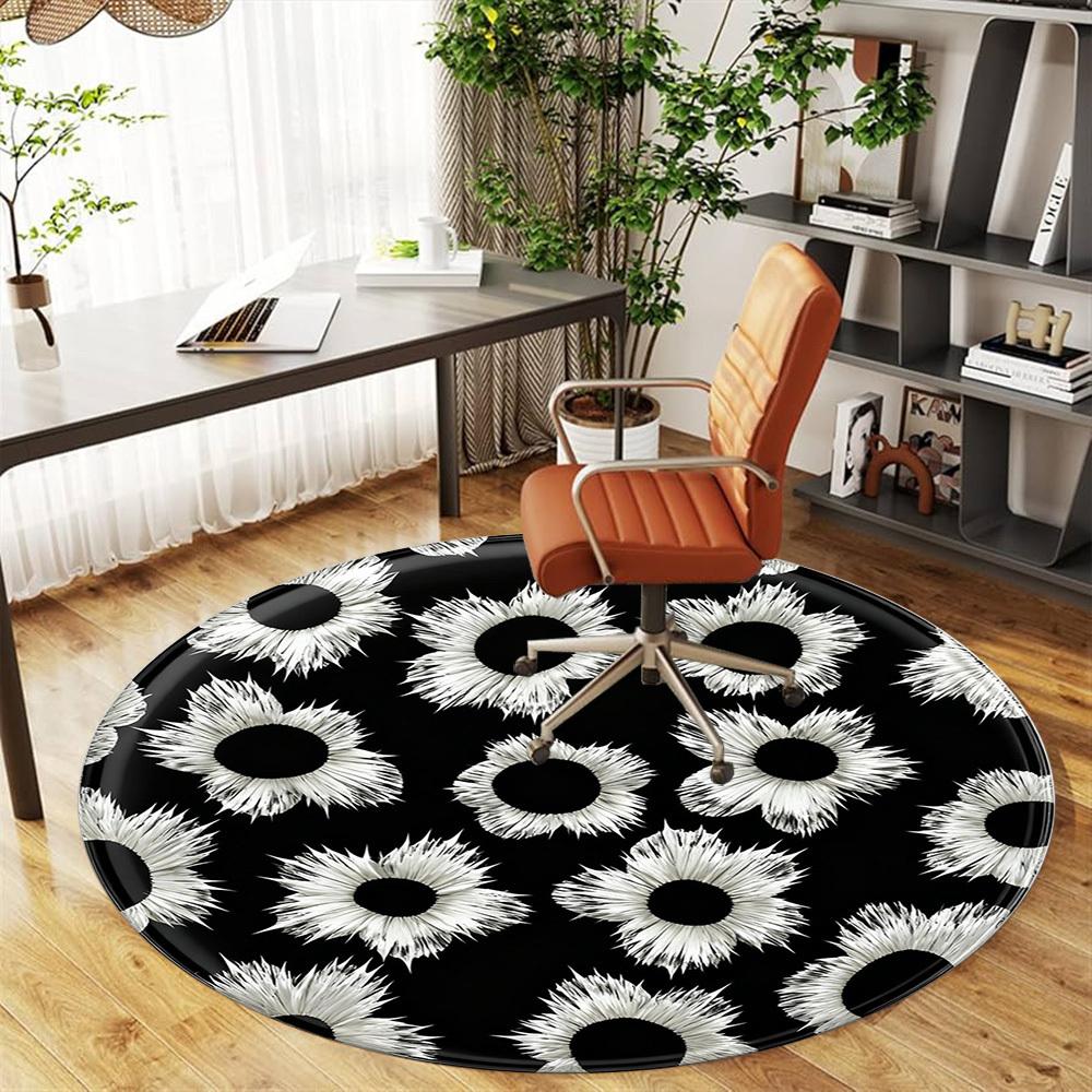 1 шт. Черно-белый цветочный узор Круглый коврик для стула Офисная ковровая дорожка - Нескользящий, Напольный коврик для офиса, спальни, Идеальный подарок для декора дома p0105048