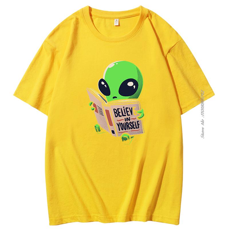 Believe In Yourself Alien Is Reading Graphic Tshirt Unisex Soft Casual Tops Unisex Oversized Funny Short Sleeve Cotton Tshirt