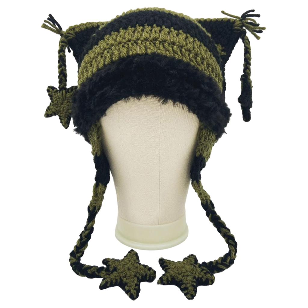 Мультяшная шапка-котенок, головной убор для девочек для активного отдыха, катания на лыжах, с мини-ушками, вязаная крючком шапочка-бини для катания на лыжах, кемпинга