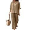 Women's Cotton Linen 2 Piece Set Casual Lapel V Neck Short Sleeve Top Wide Leg Pants Set Summer Loose Lounge Outfits