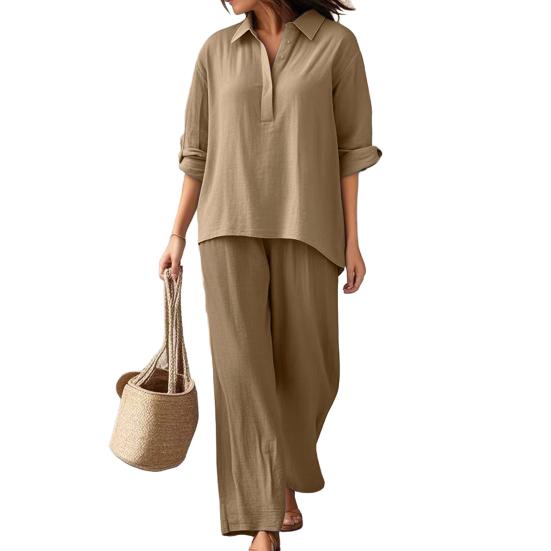 Women's Cotton Linen 2 Piece Set Casual Lapel V Neck Short Sleeve Top Wide Leg Pants Set Summer Loose Lounge Outfits