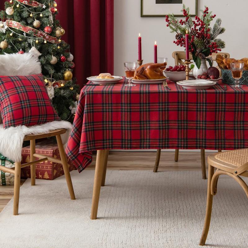 Rustic American Vintage Christmas Plaid Tablecloth Cotton Linen Blend Dining Table Cover Slip Resistant Decorative