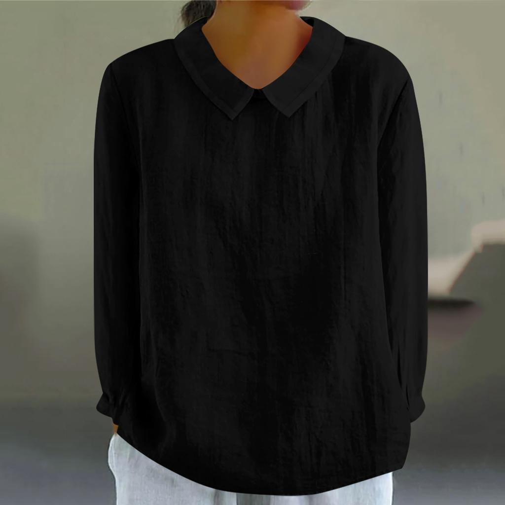 Women's Fashion Doll Collar Long Sleeve Loose Solid Color Shirt Casual Button Top