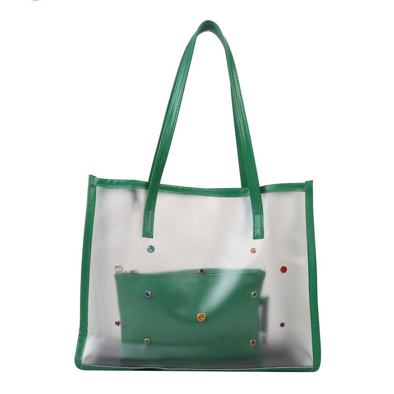 Large Capacity Pvc Shoulder Bag For Women With Inner Pouch And Metal Rivets