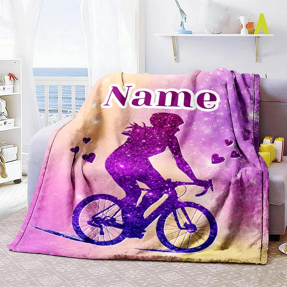 Customize Your Name Home Blankets Purple Glitter Bicycle Silhouette With Hearts Comfortable And Soft For All Seasons Perfect For Picnics Couches