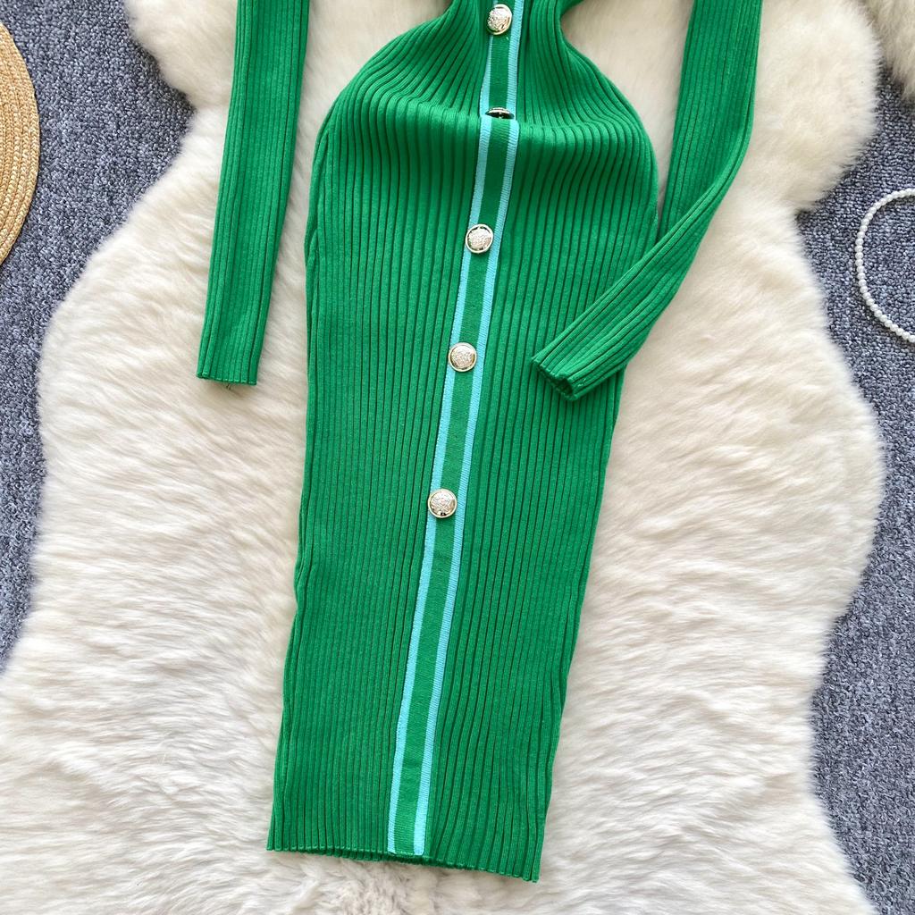 Autumn Winter Women Knitted Dresses 2024 Vintage Patchwork Striped Long Sleeve Bodycon Sexy Chic Long Dress