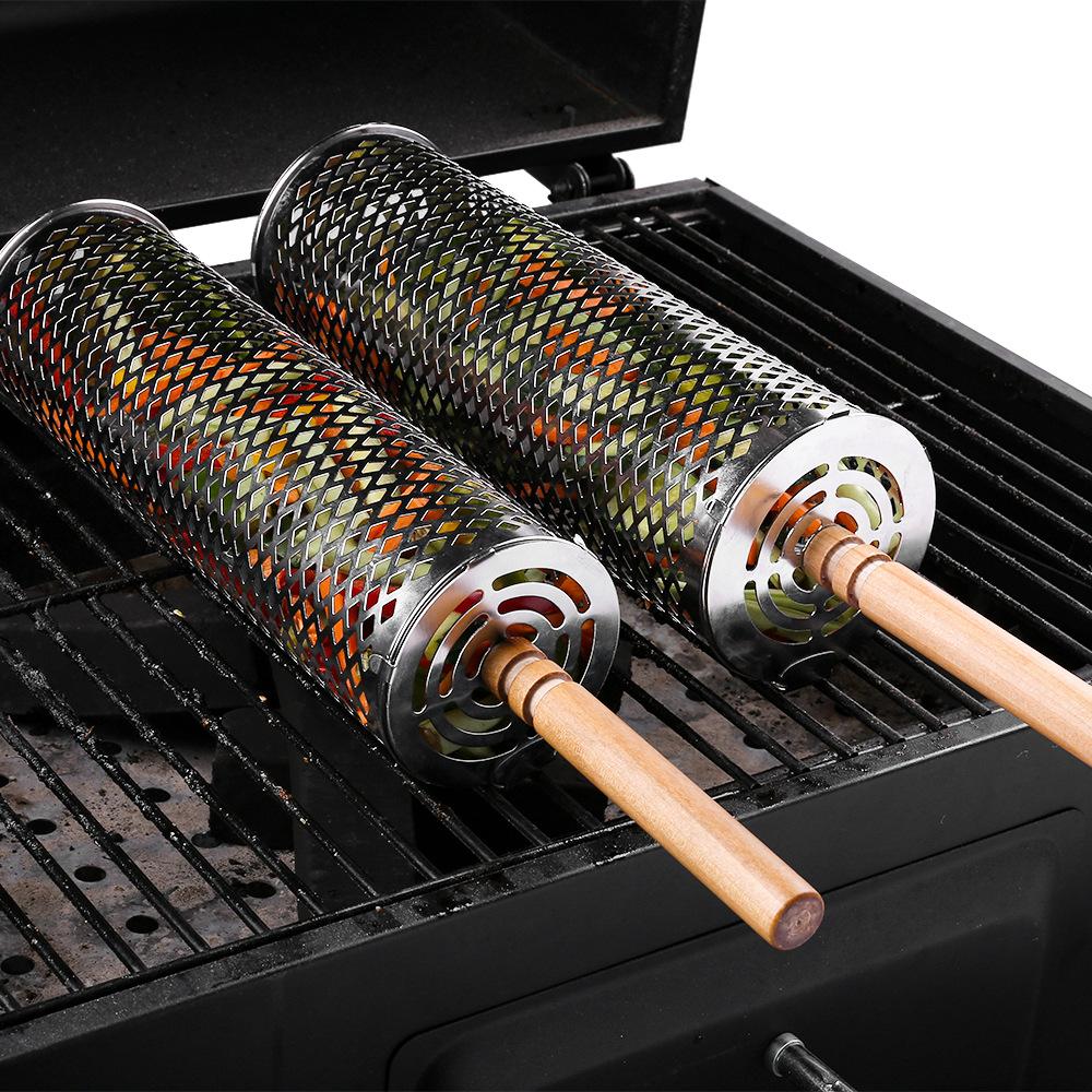 Rolling BBQ Grill Basket Set 304 Stainless Steel Cylinder Grill Mesh Cage with Wooden Handle Stand Hooks Forks