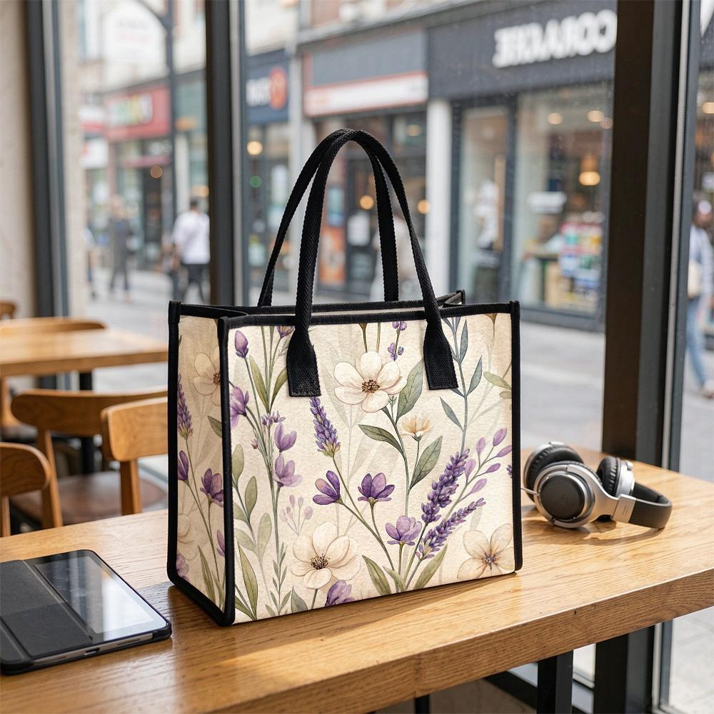 Floral Lavender Print Tote Bag Casual Daily Use Handbag for Ladies
