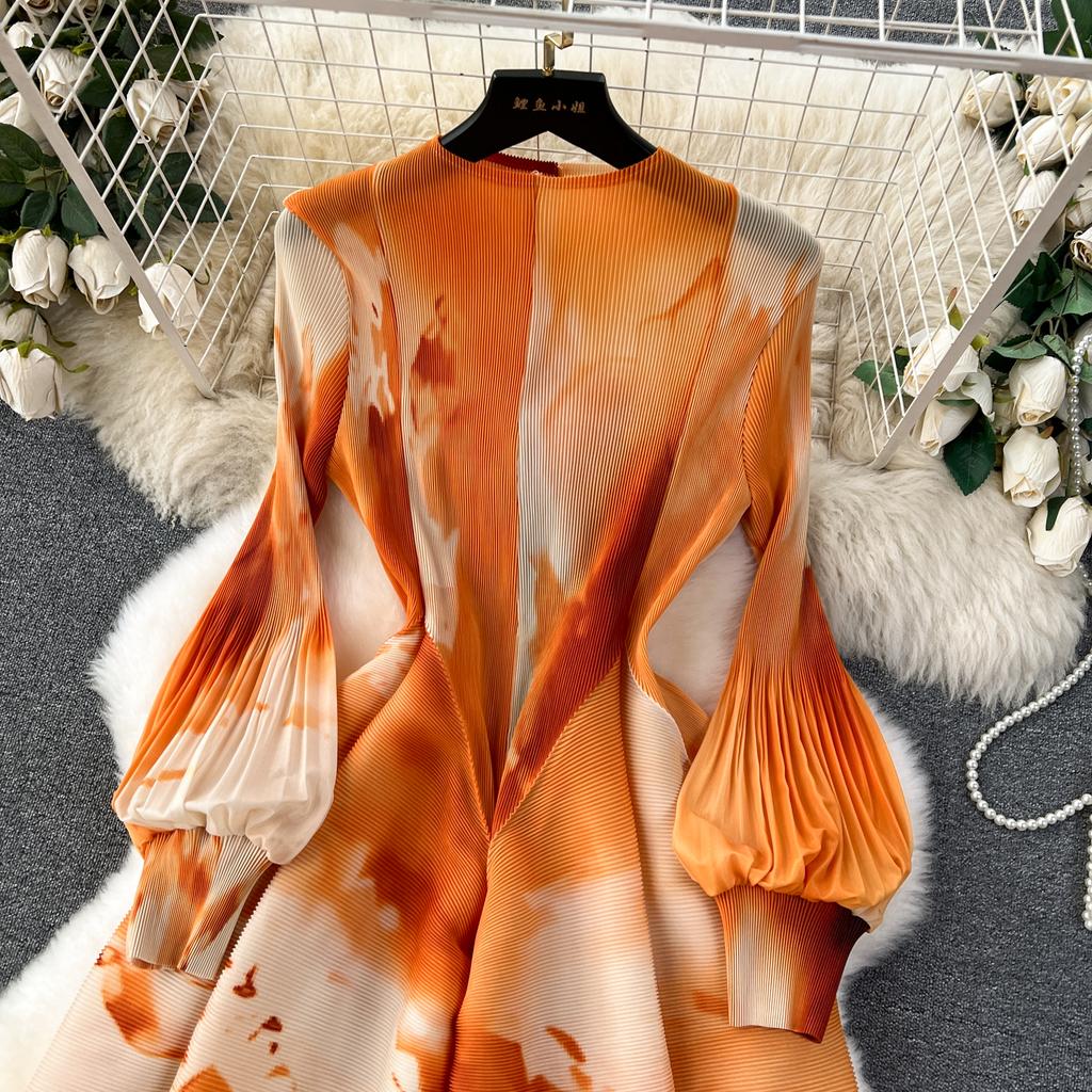 French Senior Temperament Luxury Dress Ladies 2024 Newest O-Neck Ruched Print Tie Dye Design Fashion Chic Long Dress