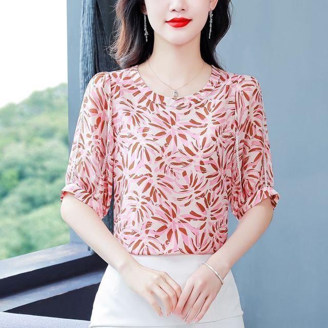 Новый летний топ с короткими рукавами и принтом, модная шифоновая рубашка для мамы, блузка с круглым воротником, M-5XL