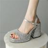 Women Shiny Sequin Platform Sandals Silver Gold Party Shoes Summer Heels Chunky Heel Peep Toe Sequined Ladies Slides Sandalias