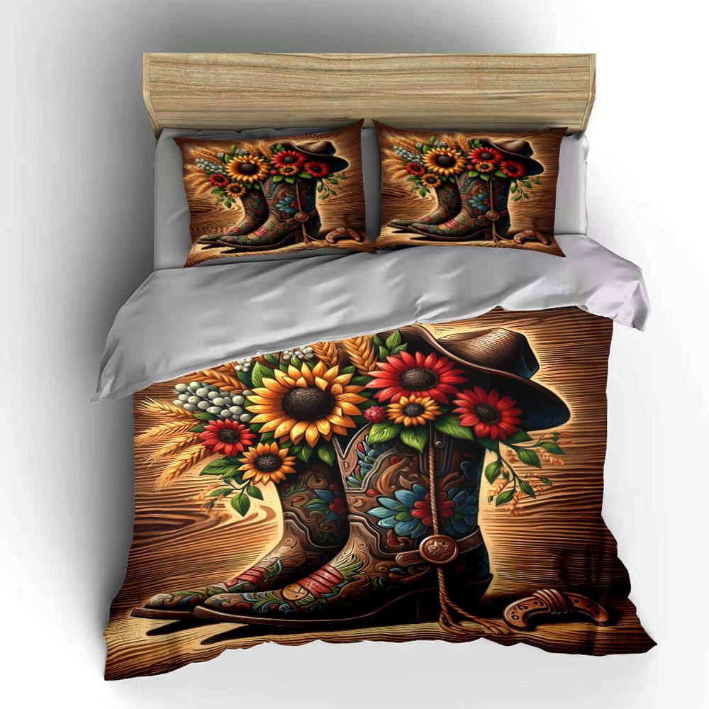 Western Boots with Sunflowers Bedding Duvet Cover Set (1*Duvet Cover 2*Pillowcases, without duvet insert)