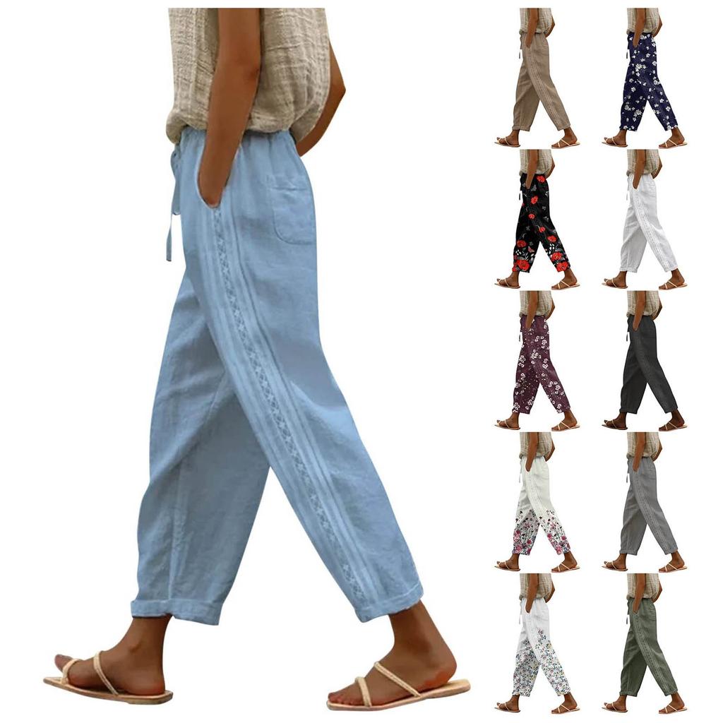 Women's Fashion Baggy Pants With Pocket Slim Breathable Lace Edge Solid Color Retro Casual Pants