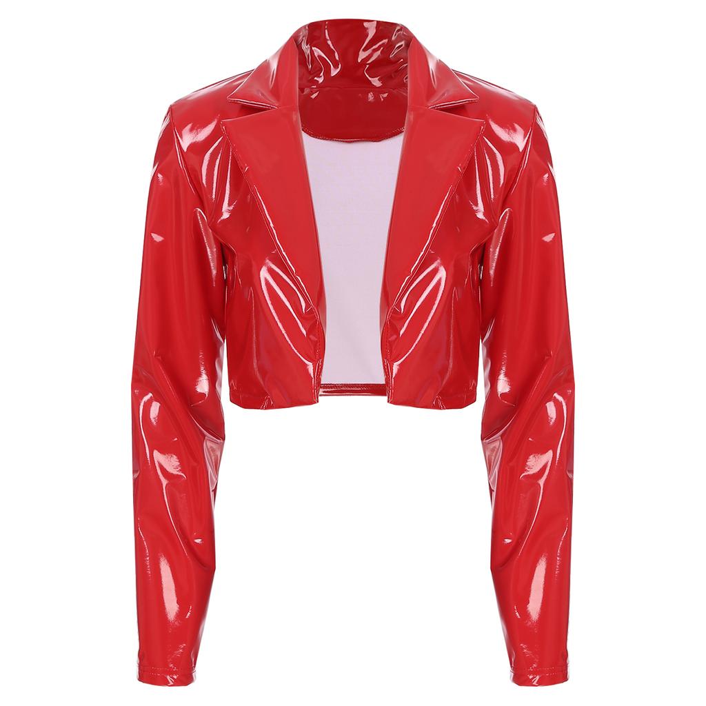 Женская укороченная куртка из лакированной кожи с отворотами с эффектом мокрого меха, длинное вечернее пальто