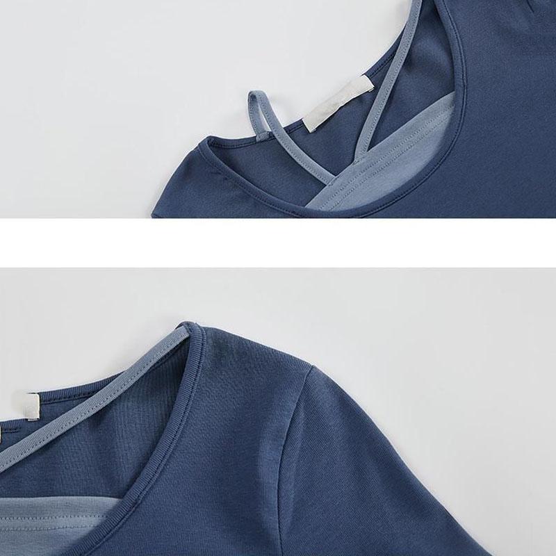 Необычный дизайн футболки, женский топ с длинными рукавами и шейным ремешком, тонкий, тонкий, в стиле пэчворк, искусственный комплект из двух предметов, яркое лето